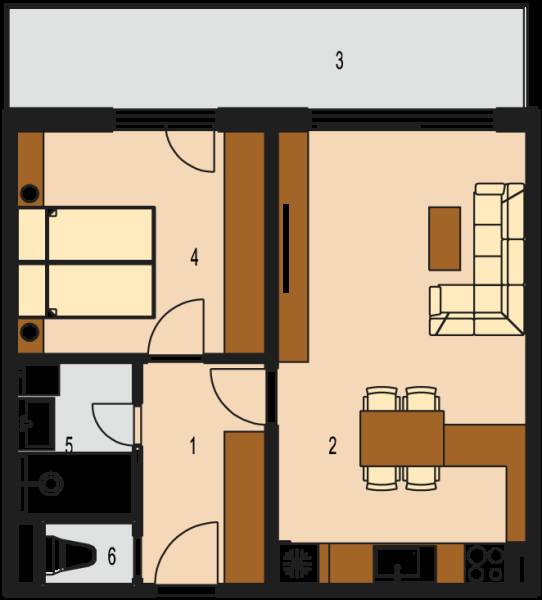 Grundriss einer 2-Zimmer-Wohnung mit Balkon, Wohnzimmer, Küche, Schlafzimmer, Badezimmer und WC.