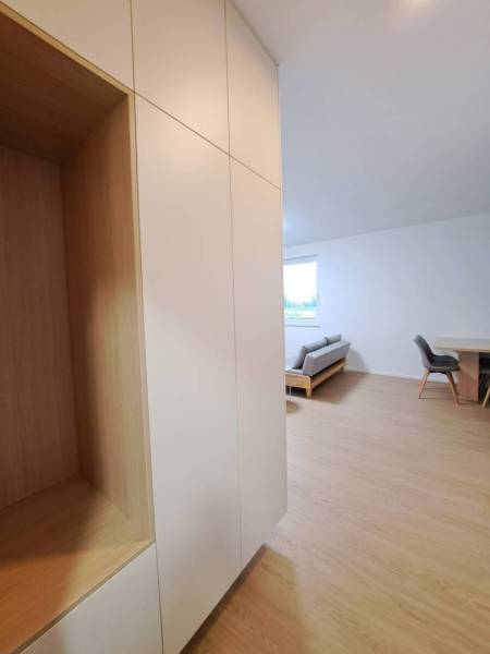 Innenraum einer 2-Zimmer-Wohnung mit Holzboden, Einbauschrank und Wohnbereich.