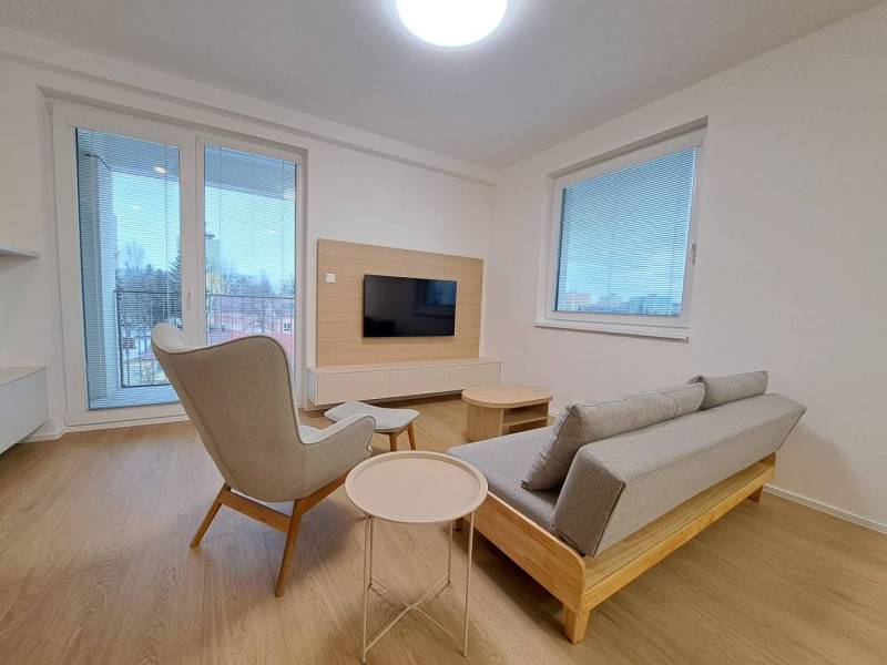 Wohnzimmer in einer 2-Zimmer-Wohnung mit Holzboden, grauem Sofa und bequemen Sessel.