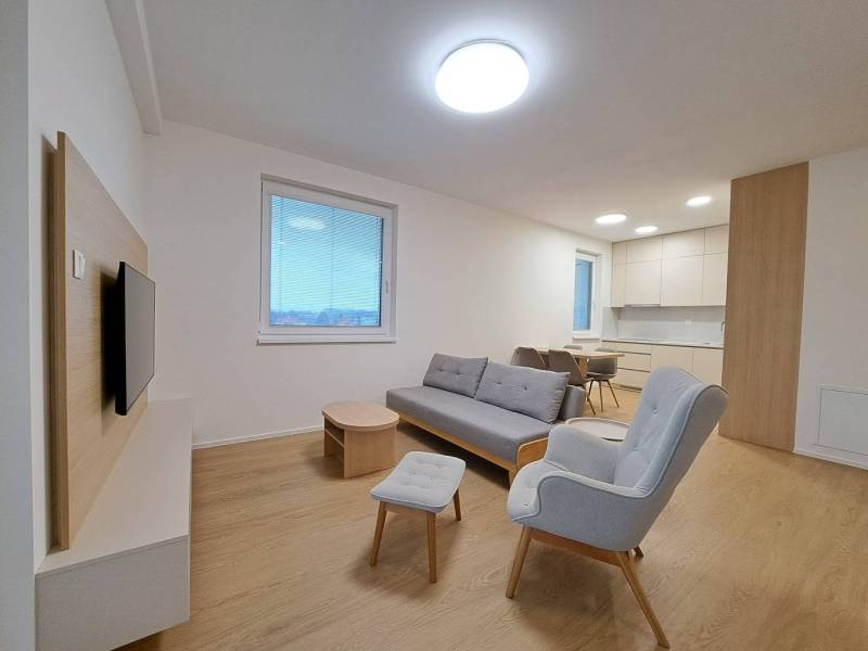 Wohnzimmer in einer 2-Zimmer-Wohnung mit Holzboden und bequemen Sitzgelegenheiten.