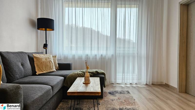 Ein stilvoller Wohnbereich in einer Einzimmerwohnung mit einem Sofa und einem Tisch auf einem Boden mit Holzdekor.