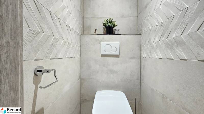 Badezimmer in einer Einzimmerwohnung mit modernen Fliesen und dekorativer Pflanze.