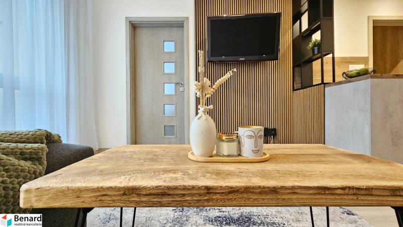 Wohnbereich einer Einzimmerwohnung mit Holztisch und Dekorationen im Hintergrund mit Fernseher.