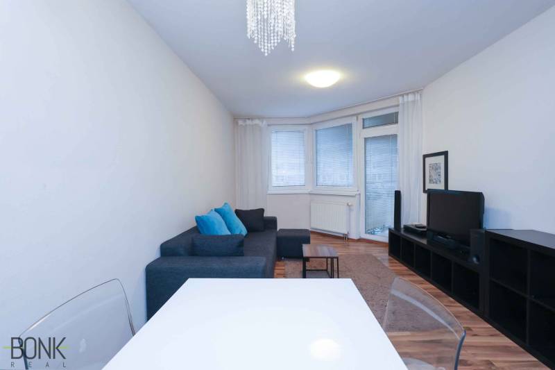 Wohnzimmer einer Zweizimmerwohnung mit Sofa, Fernseher und Holzboden.