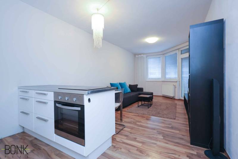 Küchenecke und Wohnzimmer in einer 2-Zimmer-Wohnung mit Herd und Sofa.