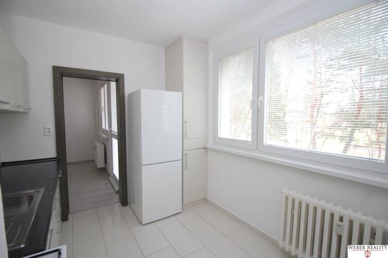 Küche in einer 3-Zimmer-Wohnung mit großen Fenstern, Kühlschrank und hellem Fliesenboden.