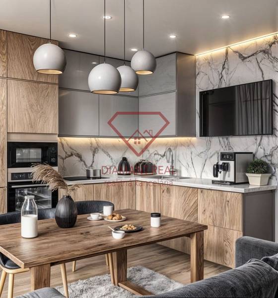 Küche in einer 3-Zimmer-Wohnung mit Holzboden und Marmorsternen.