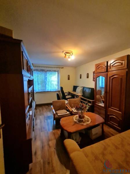 Wohnzimmer in einem Einfamilienhaus mit Möbeln und Boden in Holzoptik.