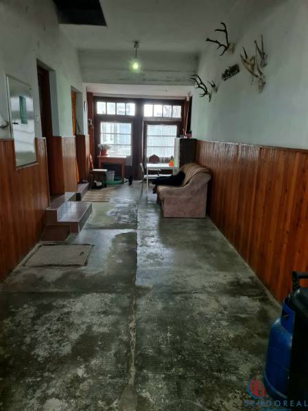 Ein Flur in einem Einfamilienhaus mit einfacher Einrichtung, einer Wand mit Holzverkleidung und Jagdtrophäen.