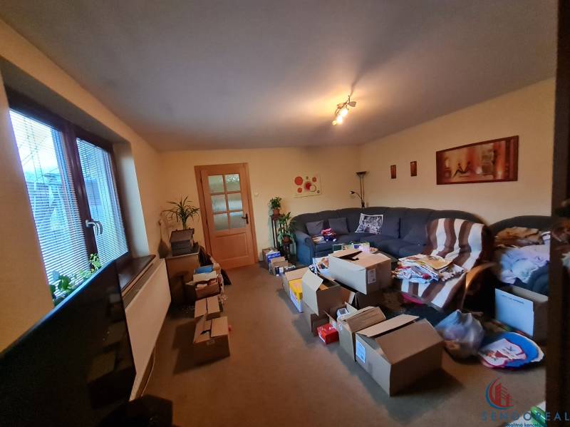 Wohnzimmer in einem Einfamilienhaus mit Kartons, Sofa und Wanddekorationen.