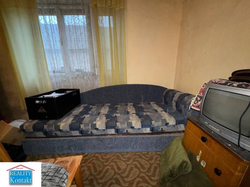 Ein Sofa und ein Fernseher im Wohnzimmer eines Einfamilienhauses mit Vintage-Innendekoration.