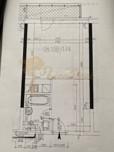 Grundriss einer Einzimmerwohnung mit Kochnische, Badezimmer und Eingangsdiele.