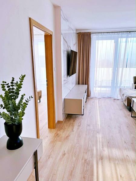 Innenraum einer 3-Zimmer-Wohnung mit Holzboden, Fernseher und Vorhängen.