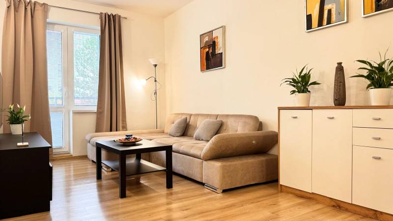 Wohnzimmer in einer 2-Zimmer-Wohnung mit beigem Sofa, Boden in Holzoptik.