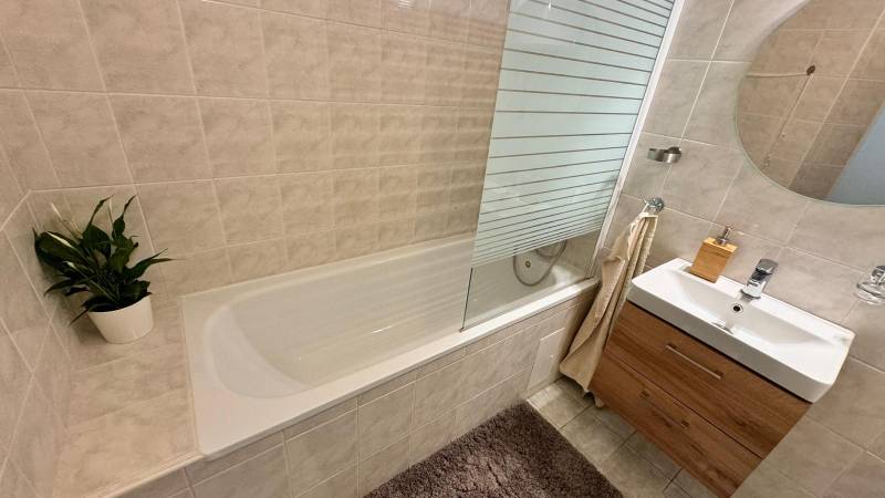 Badezimmer in einer 2-Zimmer-Wohnung mit Badewanne, Waschbecken und dekorativem Grün.