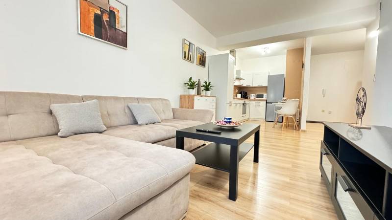 Wohnzimmer mit Sofa, Holzboden und Küche in einer 2-Zimmer-Wohnung.