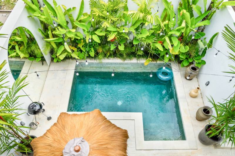 Ein Pool in der Villa in der Berawa-Straße in Canggu, umgeben von Grün und Dekorationen.