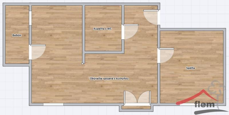 Grundriss einer 2-Zimmer-Wohnung mit Holzboden, Badezimmer, Küche und Balkon.