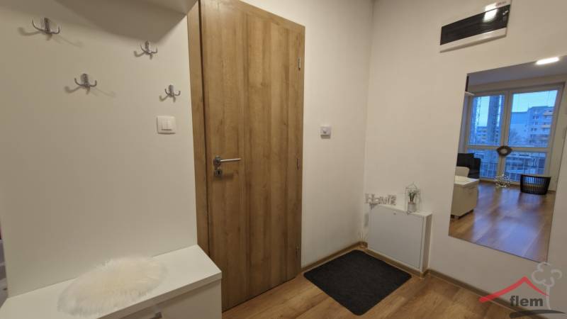 Eingangsflur in einer 2-Zimmer-Wohnung, Boden mit Holzdekor und praktischen Kleiderhaken.