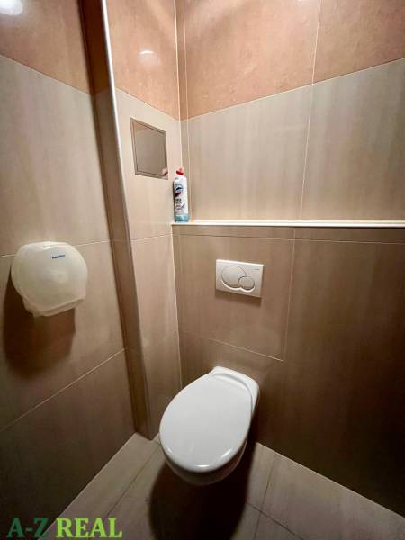 Toalett mit Fliesen im Büro, mit Reinigungsmittel und Toilettenpapierspender.