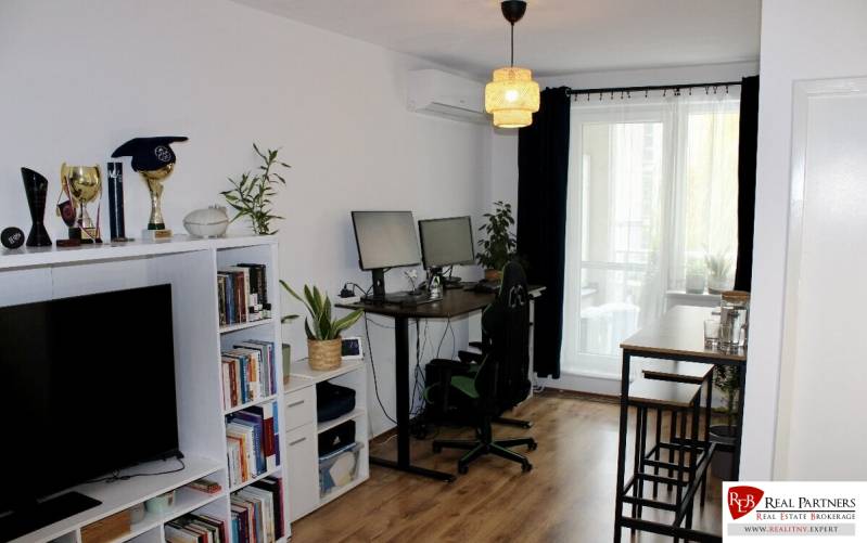 Wohnzimmer mit einem Regal voller Bücher und Trophäen, einem Schreibtisch und Teppichboden.