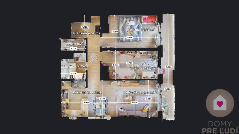 Grundriss einer 3-Zimmer-Wohnung mit Küche und Wohnzimmer mit Holzboden.