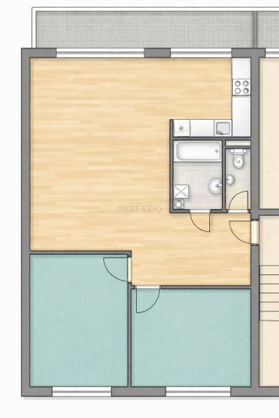 Grundriss einer 3-Zimmer-Wohnung mit Holzboden, Küche, Badezimmer und Toilette.