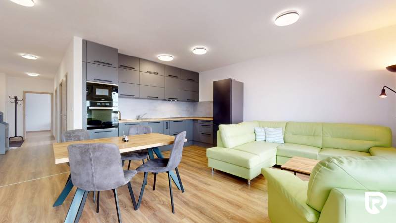 Küche mit Wohnzimmer in einer 3-Zimmer-Wohnung, grünes Sofa, Boden mit Holzdekor.