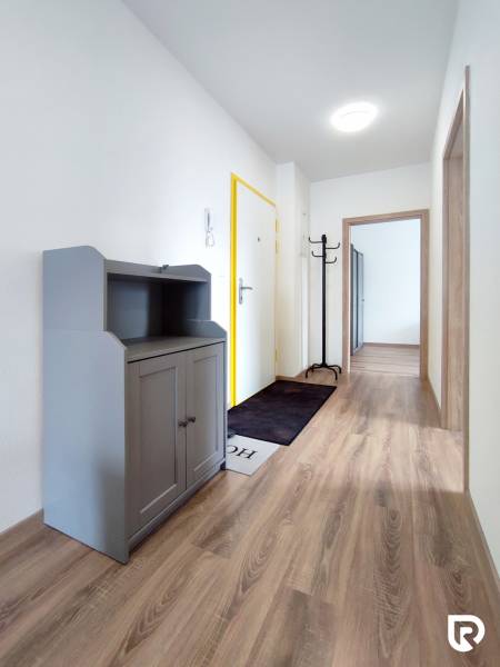 Flur mit Garderobe und Schrank, ergänzt durch einen Boden mit Holzdekor in einer 3-Zimmer-Wohnung.