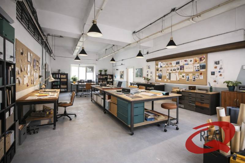 Priestranná kancelária s pracovnými stolmi, nástenkami a rastlinami na svetlej podlahe.