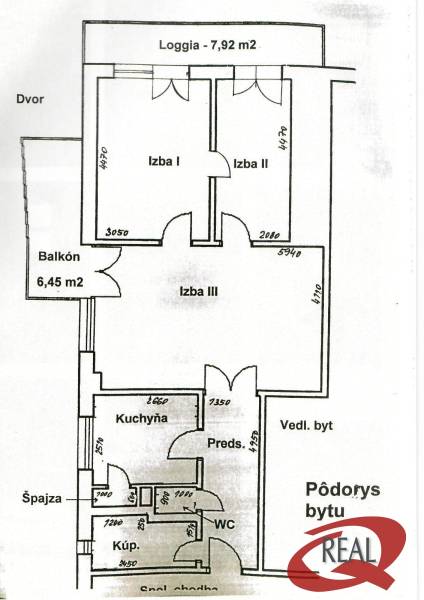 Grundriss einer 3-Zimmer-Wohnung mit Loggia, Balkon, Küche und Speisekammer.