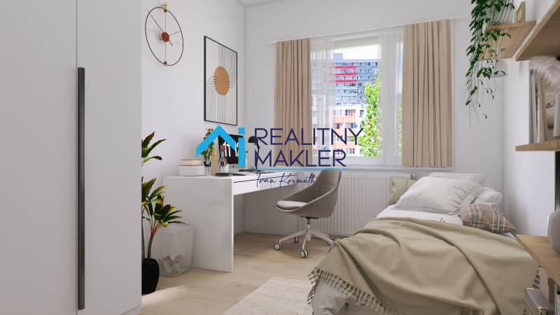 Gemütliches Zimmer in einer 3-Zimmer-Wohnung mit Schreibtisch und Einzelbett, Holzboden mit Holzdekor.