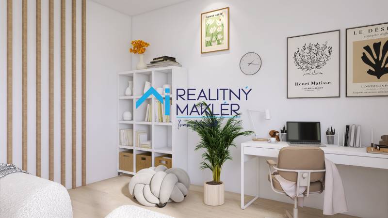 Arbeitsbereich in einer 3-Zimmer-Wohnung mit Dekorationen, Pflanze und weißen Möbeln.