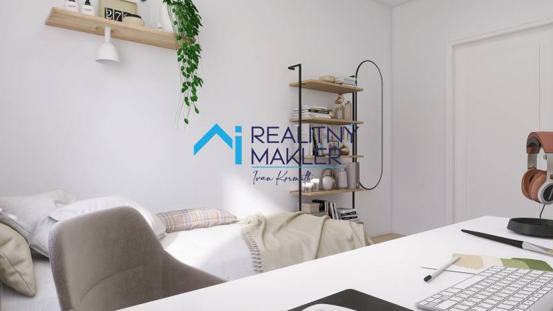 Pracovnecke Ecke mit Tisch, Regalen und Bett in einer 3-Zimmer-Wohnung.