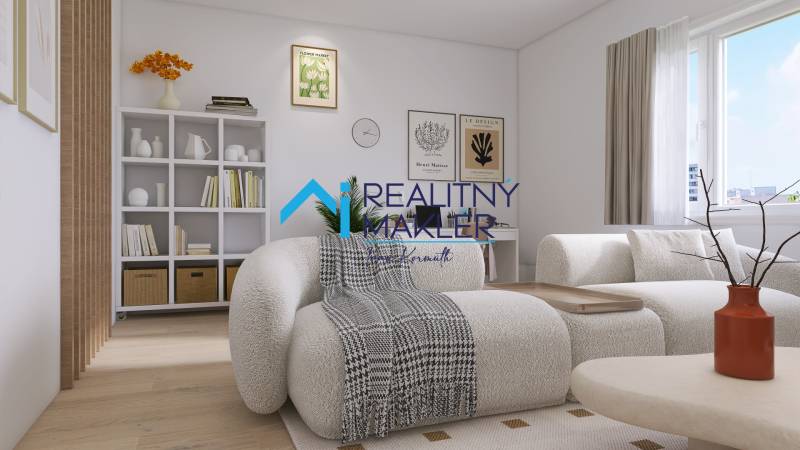 Helles Wohnzimmer in einer 3-Zimmer-Wohnung mit bequemen Möbeln und Bücherregalen voller Bücher.