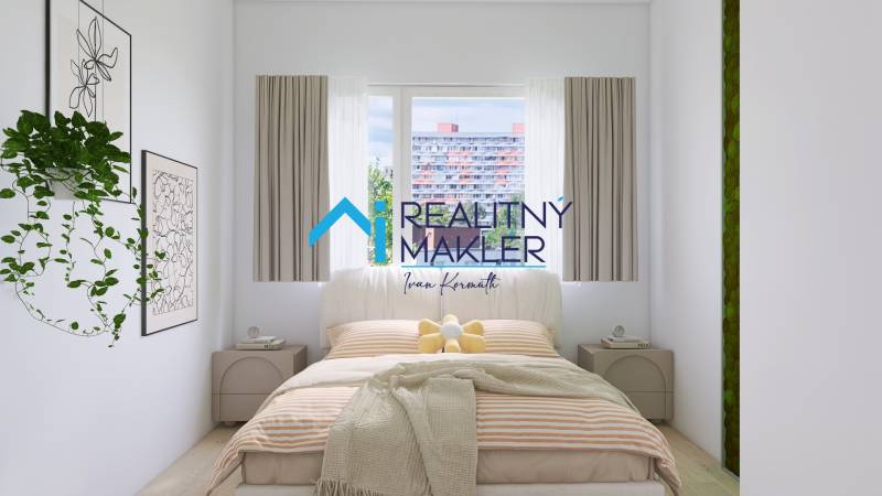 Schlafzimmer in einer 3-Zimmer-Wohnung mit Bett und Vorhängen, Pflanze und Bildern an der Wand.