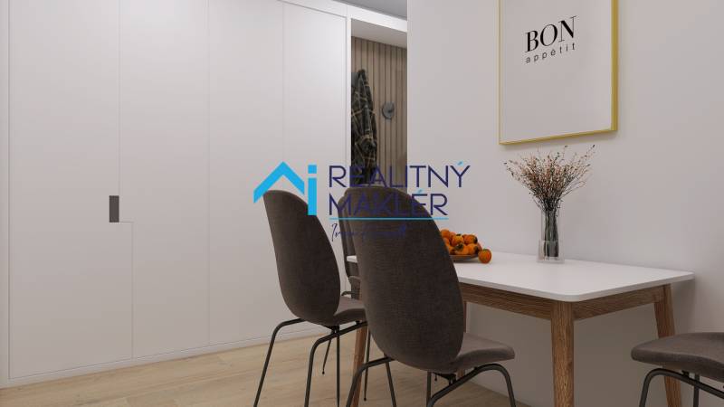 Ein helles Esszimmer mit dunklen Stühlen und Tisch, Boden mit Holzdekor.