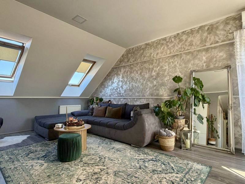 Wohnzimmer in einer 2-Zimmer-Wohnung mit Holzboden, ausziehbarem Sofa und Pflanzen.