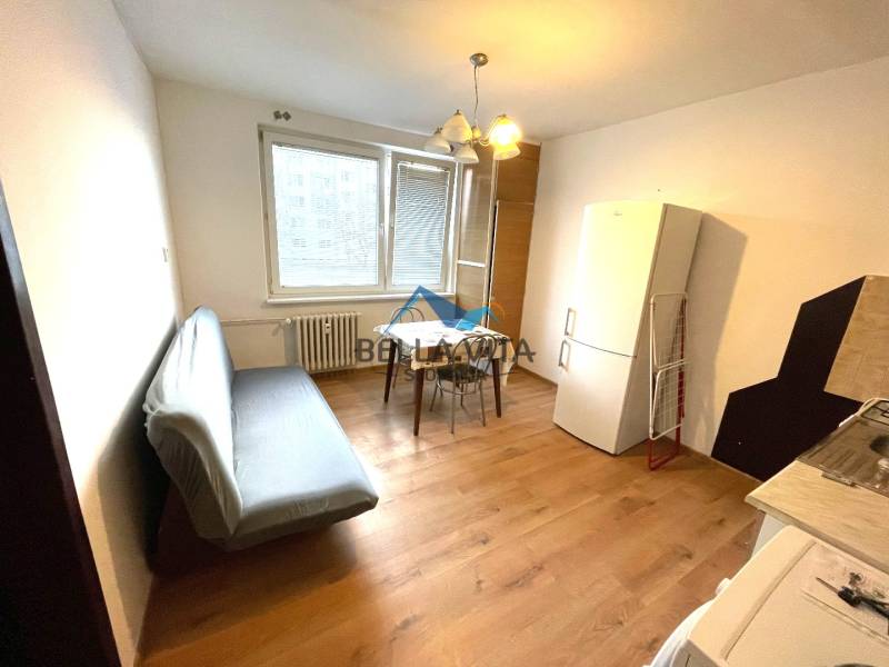 Ein Zimmer in einer Einzimmerwohnung mit Holzboden, Sofa und Kochnische.