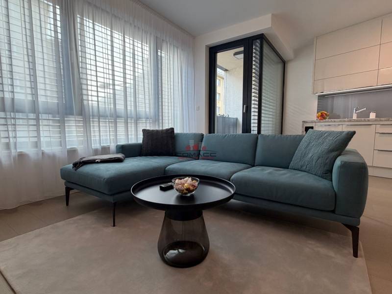 Wohnzimmer mit Sofa, Tisch und Küchenzeile in einer 2-Zimmer-Wohnung.