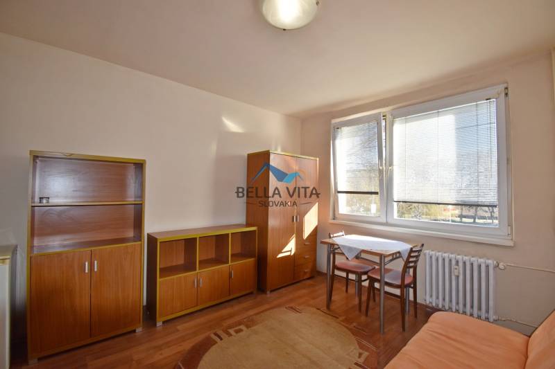 Einzimmerwohnung mit Möbeln, Tisch und Stühlen, ergänzt durch einen Boden mit Holzdekor.