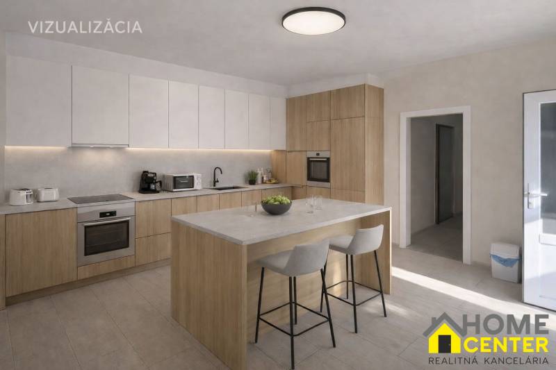 Küche in einem Einfamilienhaus mit Insel und Boden in Holzoptik.