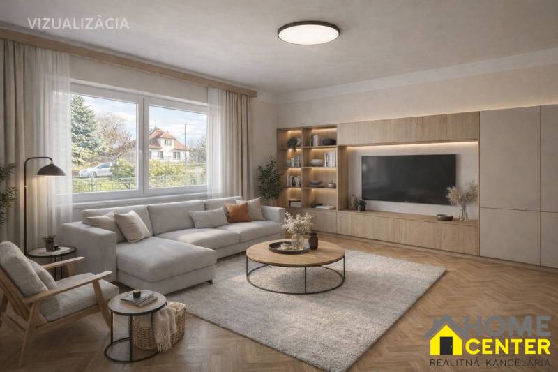 Wohnzimmer in einem Einfamilienhaus mit einer bequemen Sitzgarnitur und einem Boden in Holzoptik.