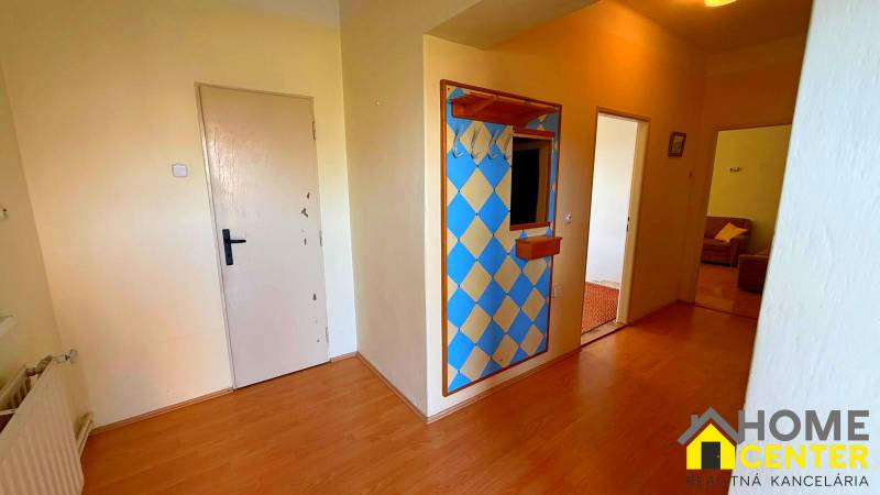 Ein Flur in einem Einfamilienhaus mit einer farbigen Wand und einem Boden in Holzoptik.