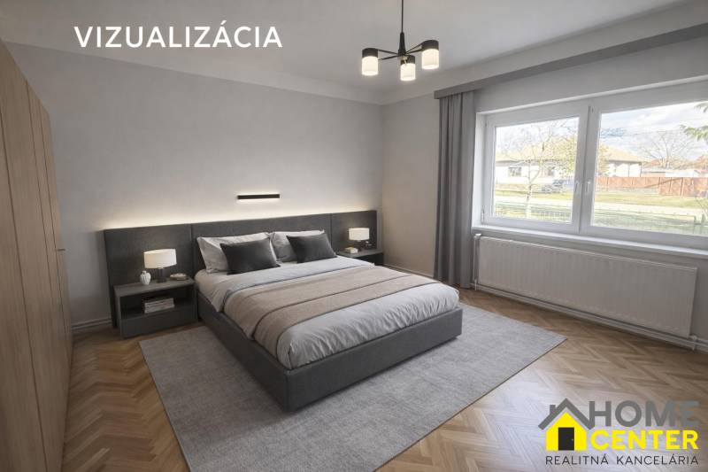 Schlafzimmer im Einfamilienhaus mit Teppichdekor und Bett, großes Fenster mit Aussicht.