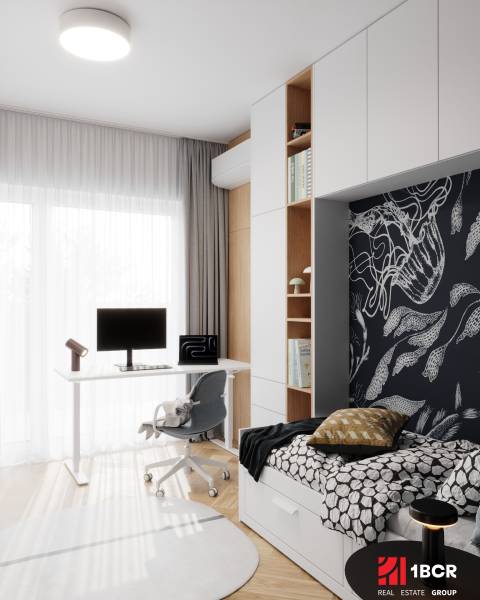 Kinderzimmer in einer Vierzimmerwohnung mit Arbeitsecke und Holzboden.