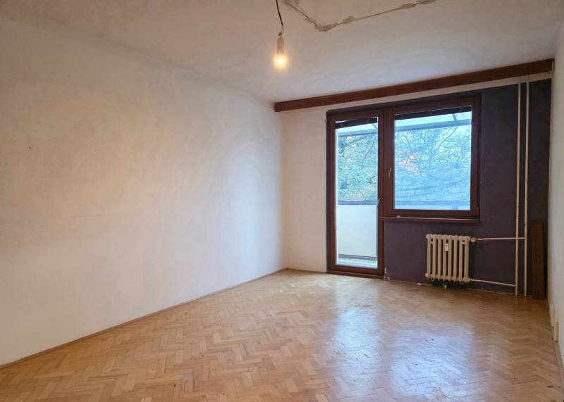Freies Zimmer in einer 2-Zimmer-Wohnung mit Holzboden und Fenster zum Balkon.