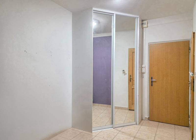 Eingangsbereich in einer 2-Zimmer-Wohnung mit Fliesenboden und einem Spiegel am Schrank.