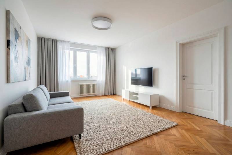 Wohnzimmer in einer 2-Zimmer-Wohnung mit Holzboden, graues Sofa, Fernseher.