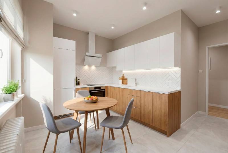 Küche in einer 2-Zimmer-Wohnung mit Holzboden und modernen Geräten.